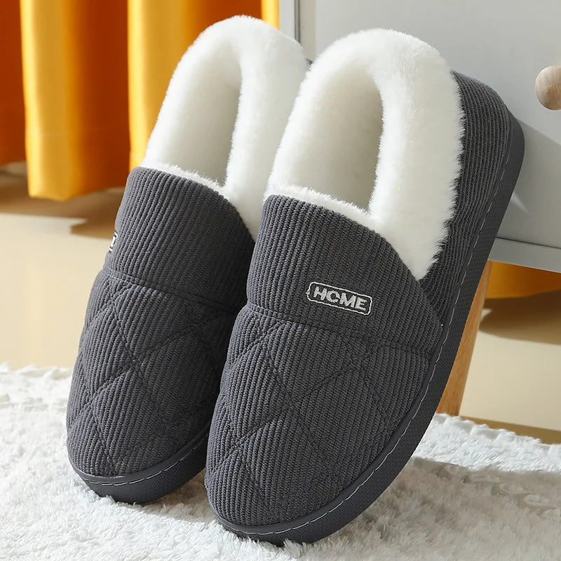 Chaussons en peluche mixtes, fourrés, semelle antidérapante, gris