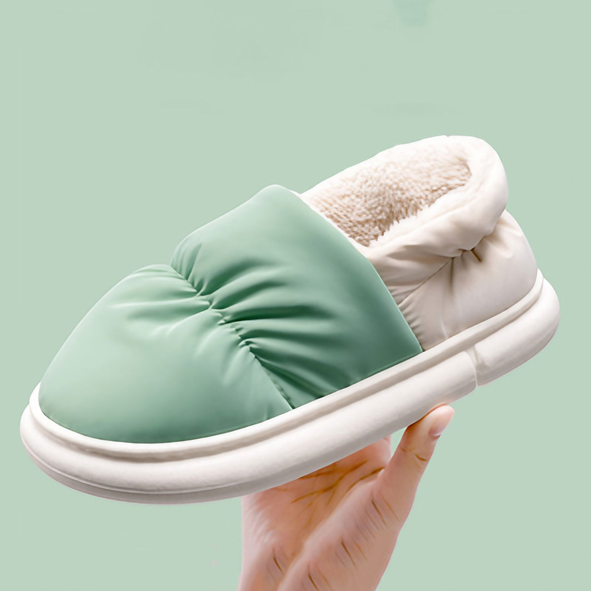 Chaussons mixtes doublés de peluche, semelle antidérapante, vert