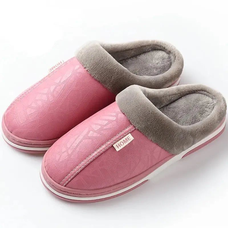 Pantoufles unisexe en similicuir, doublure chaude, du 36 au 51, rose