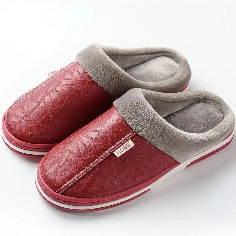 Pantoufles unisexe en similicuir, doublure chaude, du 36 au 51, rouge