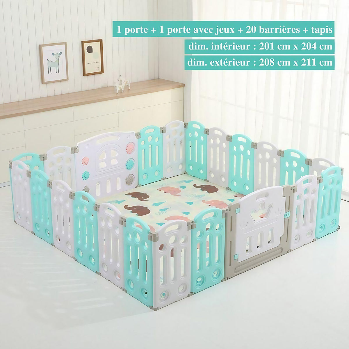 Parc bébé modulable pliable, de 10 à 24 panneaux, avec tapis, turquoise