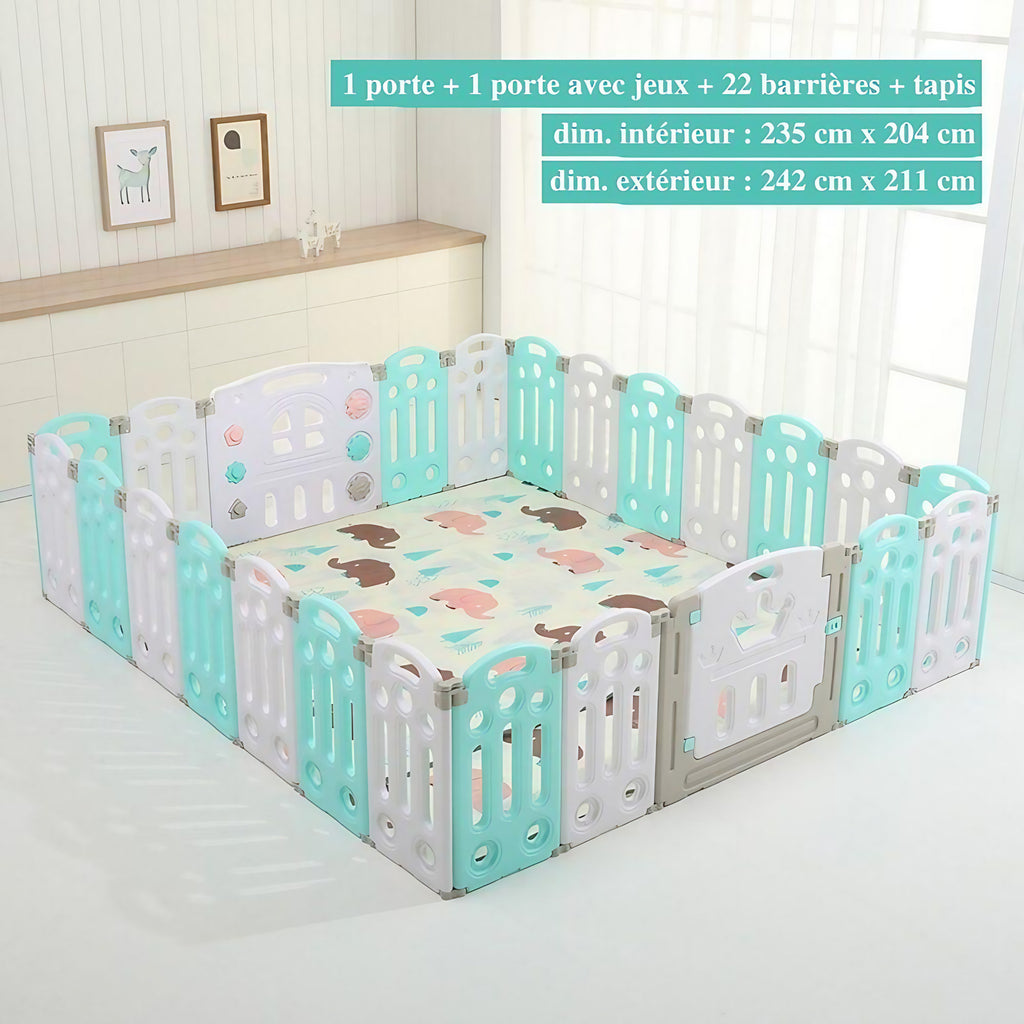 Parc bébé modulable pliable, de 10 à 24 panneaux, avec tapis, turquoise