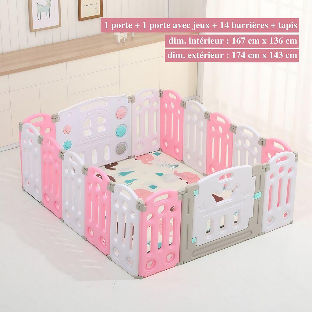 Parc bébé modulable pliable, de 10 à 24 panneaux, avec tapis, rose
