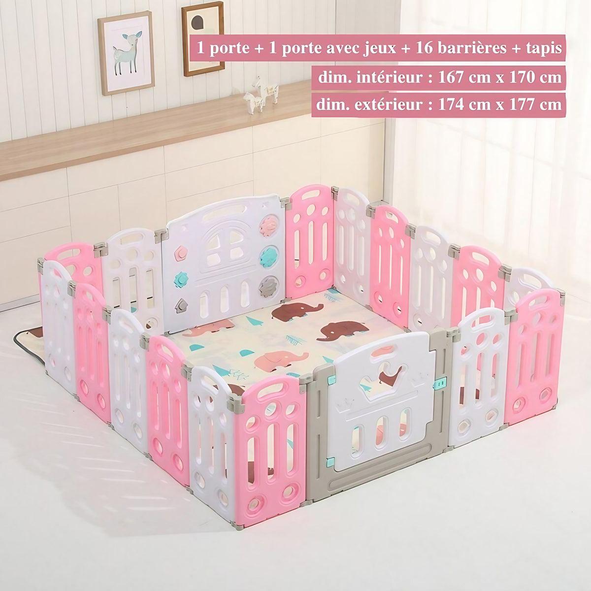 Parc bébé modulable pliable, de 10 à 24 panneaux, avec tapis, rose