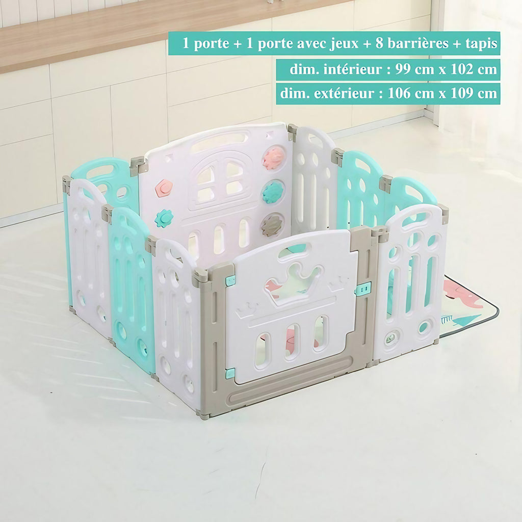 Parc bébé modulable pliable, de 10 à 24 panneaux, avec tapis, turquoise