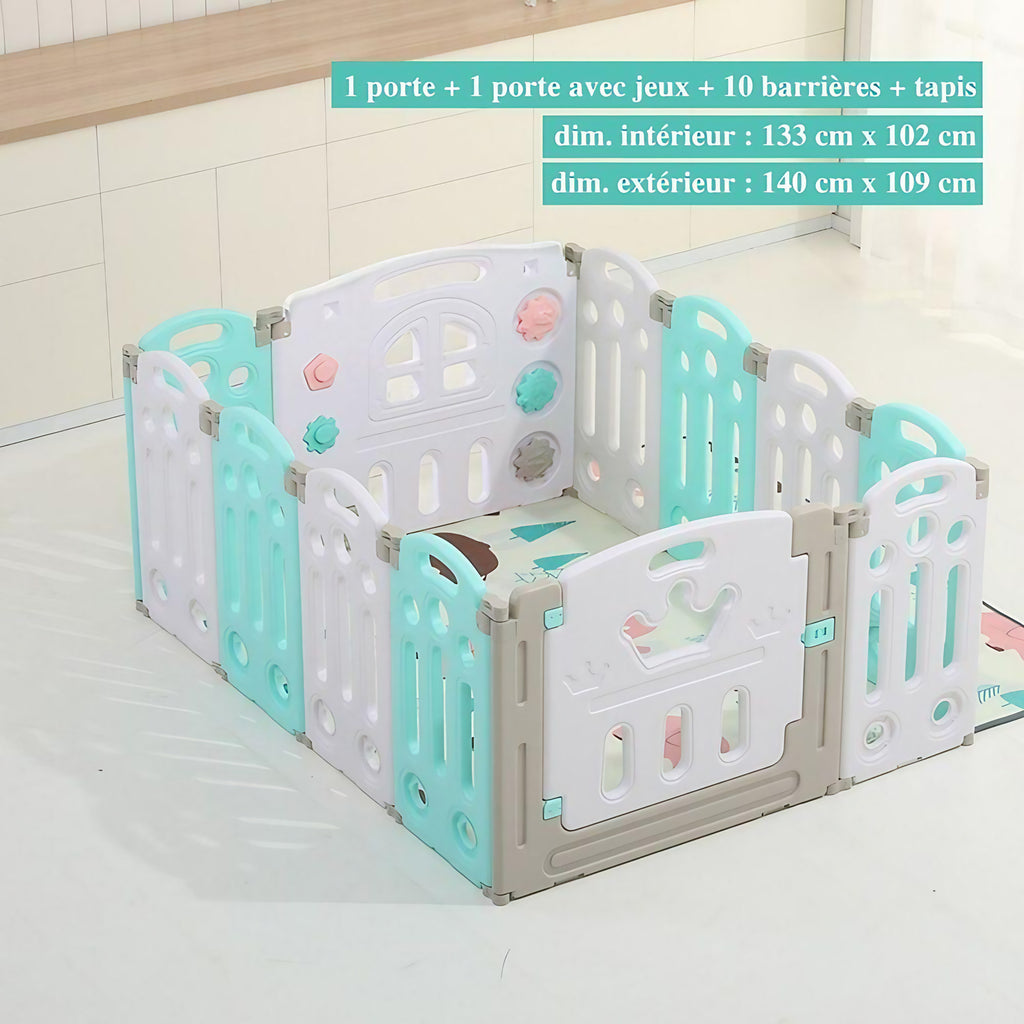 Parc bébé modulable pliable, de 10 à 24 panneaux, avec tapis, turquoise