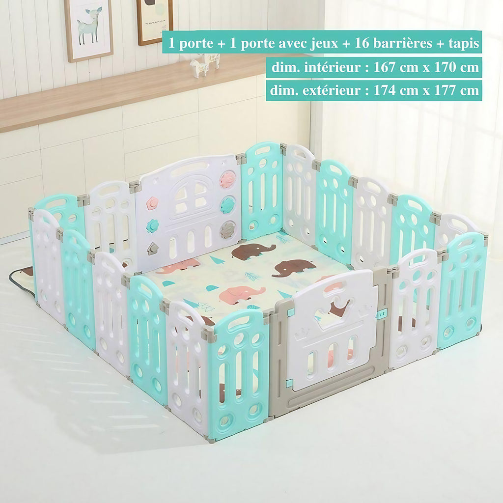 Parc bébé modulable pliable, de 10 à 24 panneaux, avec tapis, turquoise