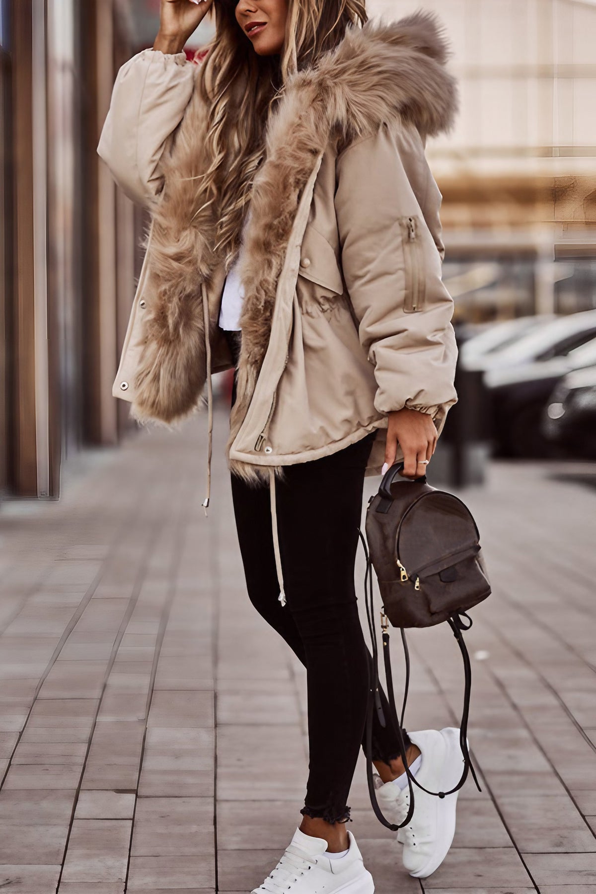 Parka courte femme beige, col en fausse fourrure, beige