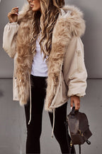 Parka courte femme beige, col en fausse fourrure
