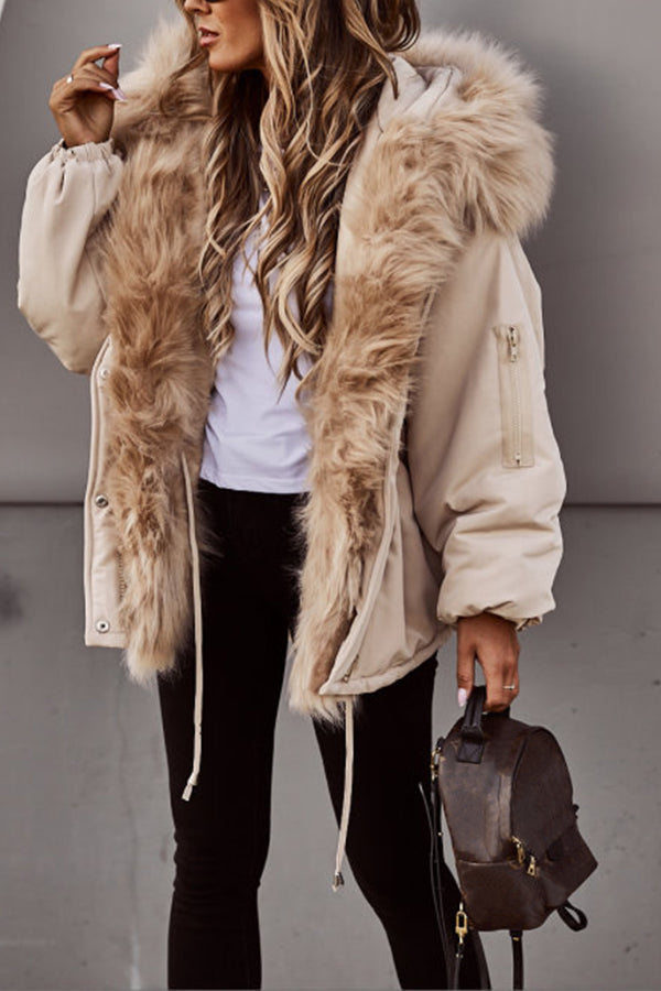 Parka courte femme beige, col en fausse fourrure