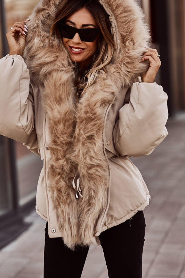 Parka courte femme beige, col en fausse fourrure