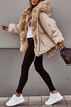 Parka courte femme beige, col en fausse fourrure