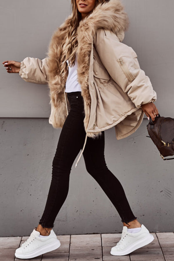 Parka courte femme beige, col en fausse fourrure