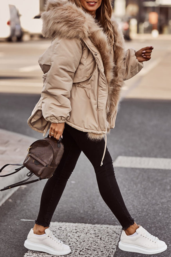 Parka courte femme beige, col en fausse fourrure