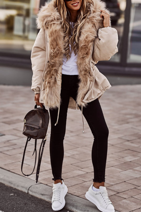 Parka courte femme beige, col en fausse fourrure