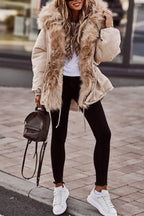 Parka courte femme beige, col en fausse fourrure