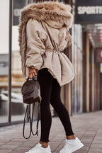 Parka courte femme beige, col en fausse fourrure