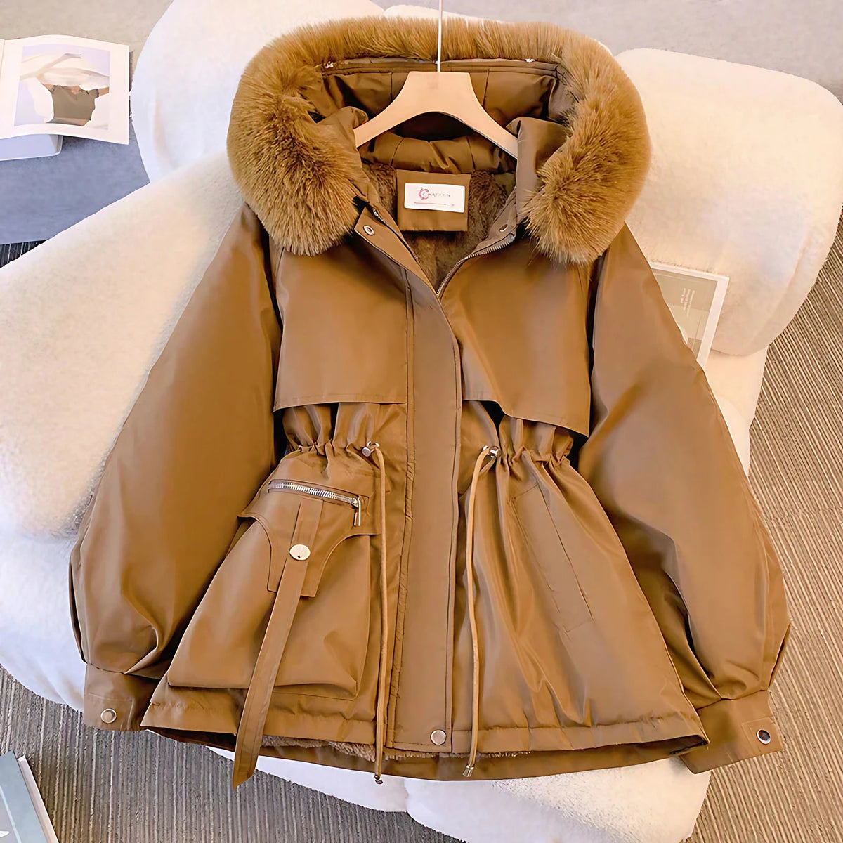 Manteau d'hiver femme à col douillet, quatre coloris, café