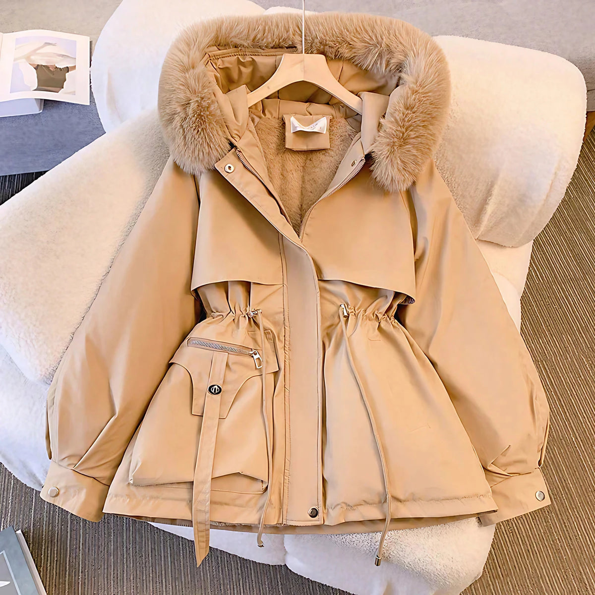 Manteau d'hiver femme à col douillet, quatre coloris, kaki