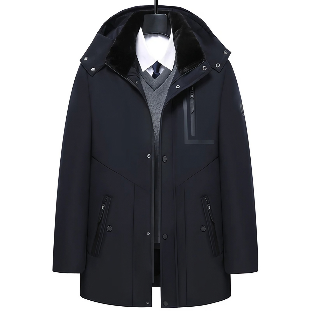 Parka homme d'hiver à capuche amovible, noire ou bleu foncé