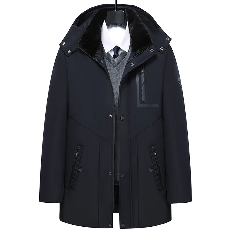 Parka homme d'hiver à capuche amovible, noire ou bleu foncé