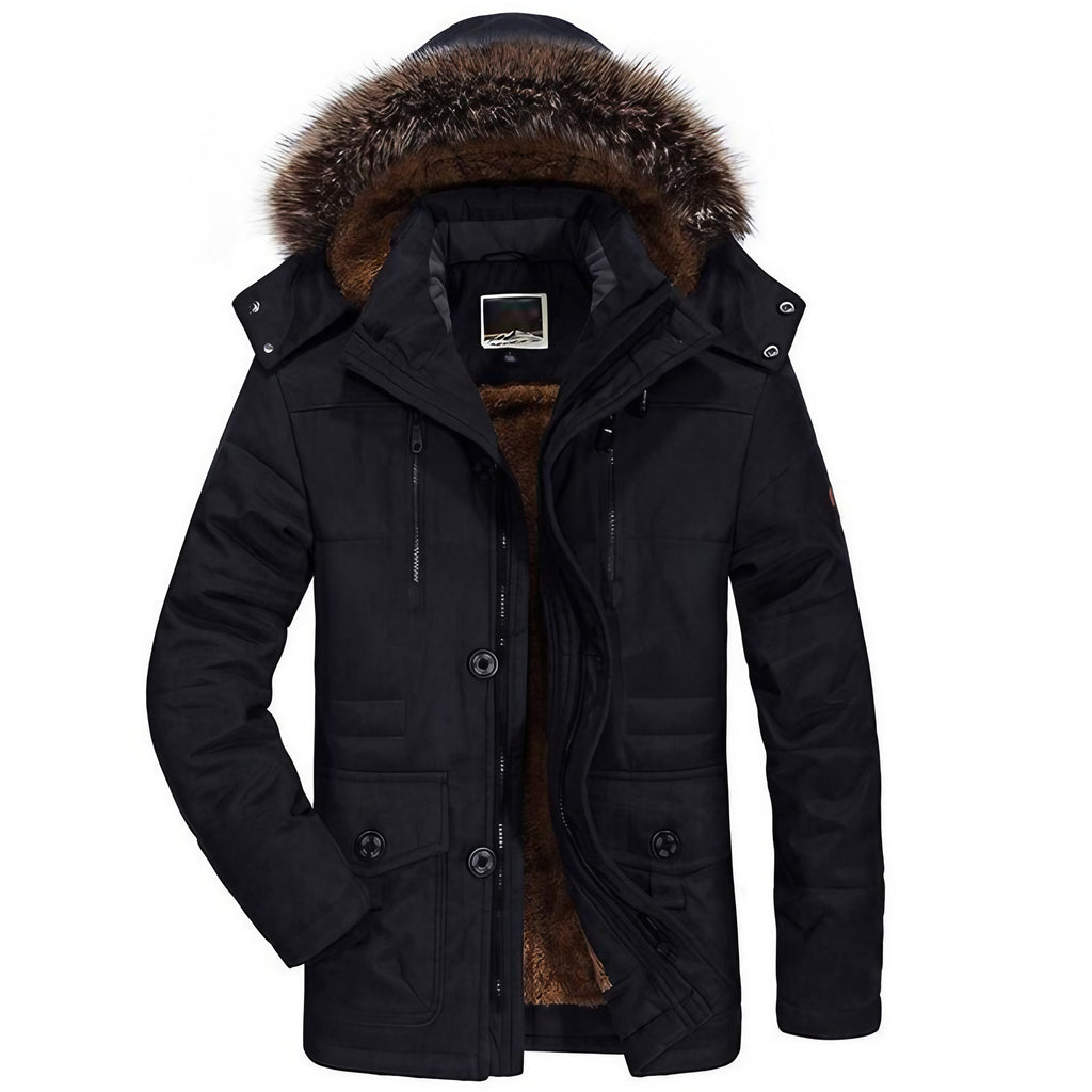 Parka homme imperméable doublée polaire, capuche bordée, noir