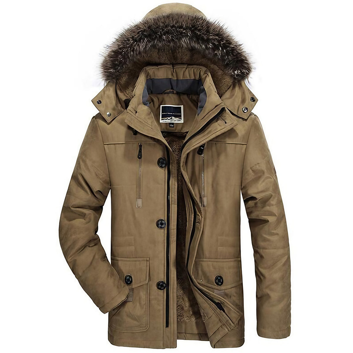 Parka homme imperméable doublée polaire, capuche bordée, kaki