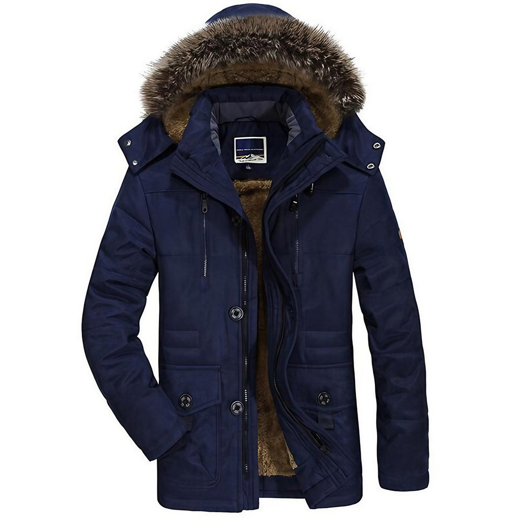 Parka homme imperméable doublée polaire, capuche bordée, bleu marine