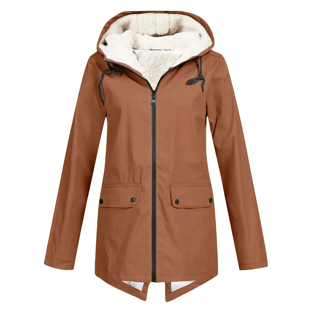 Parka longue femme d'hiver à capuche, zip et pressions, kaki