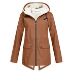 Parka longue femme d'hiver à capuche, zip et pressions, kaki