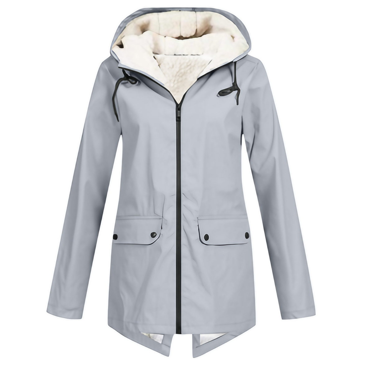 Parka longue femme d'hiver à capuche, zip et pressions, gris