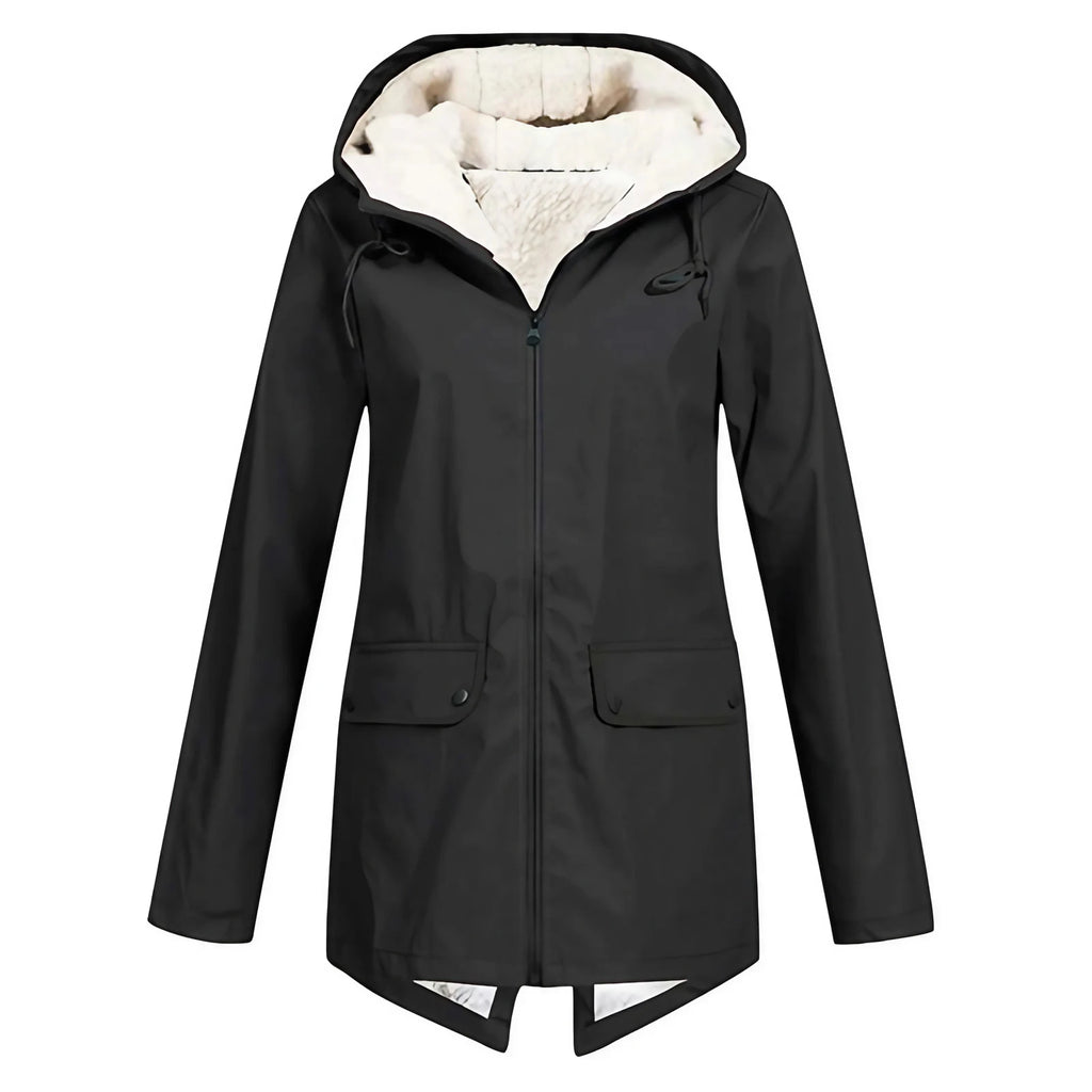Parka longue femme d'hiver à capuche, zip et pressions, noir