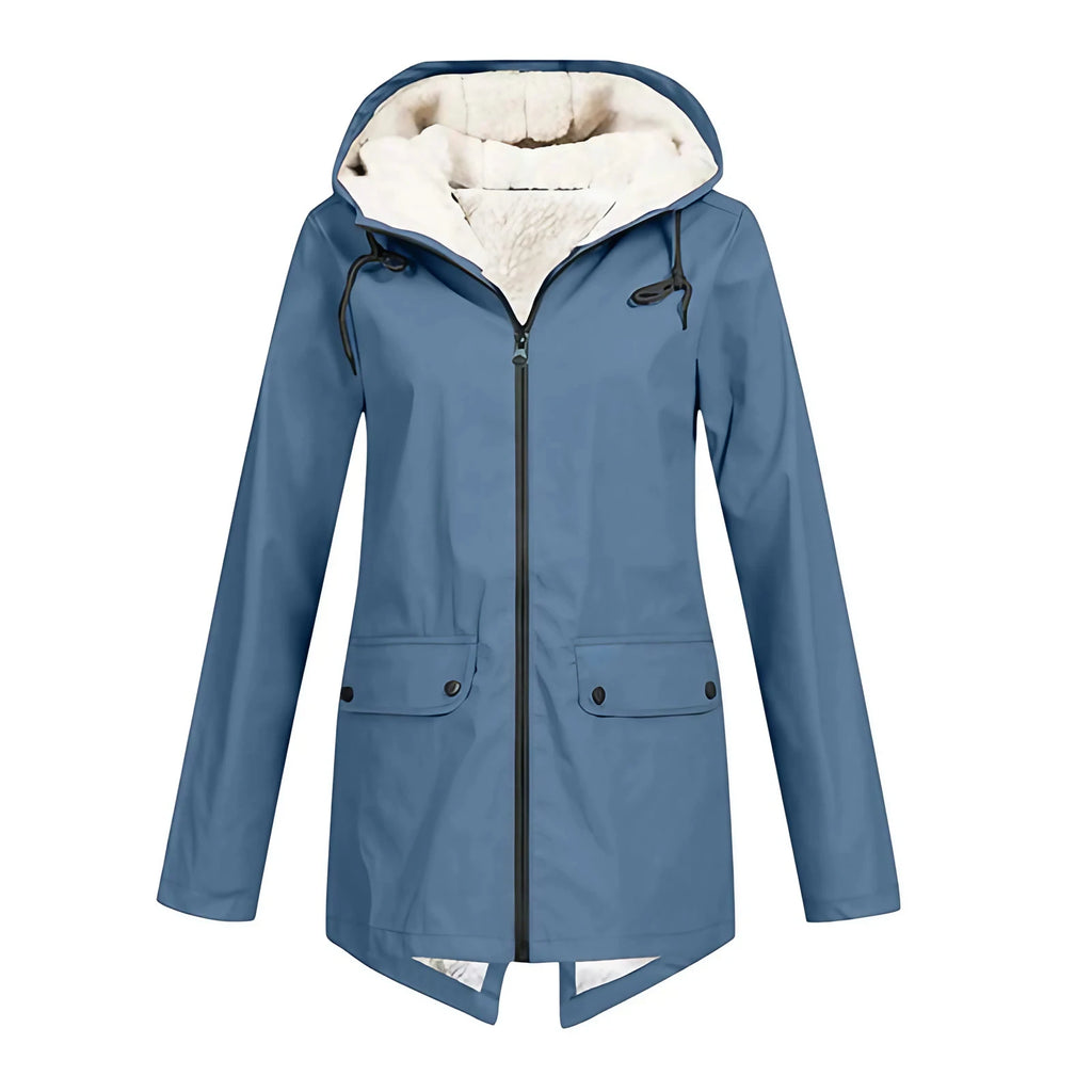 Parka longue femme d'hiver à capuche, zip et pressions, bleu