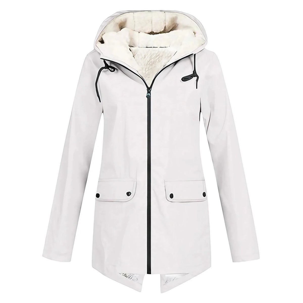 Parka longue femme d'hiver à capuche, zip et pressions, blanc