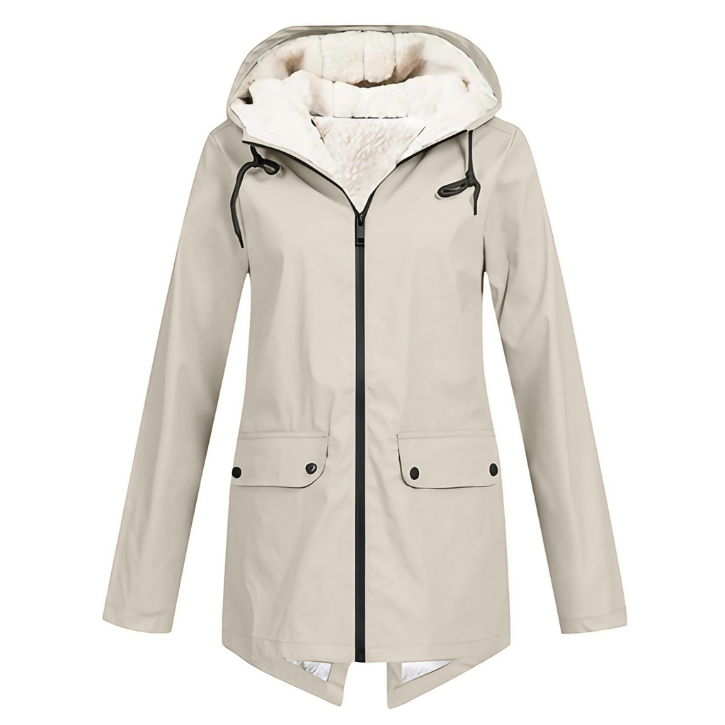 Parka longue femme d'hiver à capuche, zip et pressions, beige