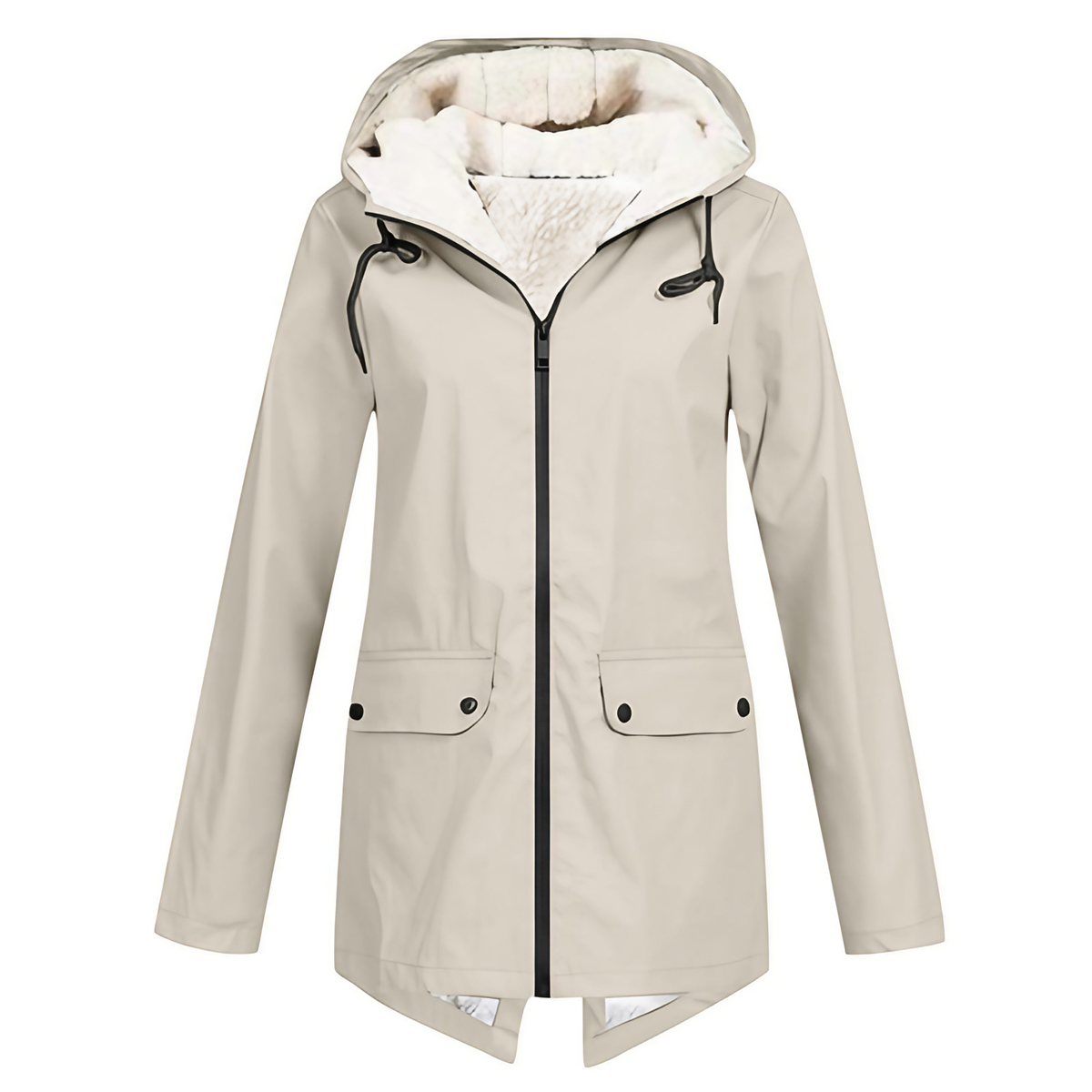 Parka longue femme d'hiver à capuche, zip et pressions, beige