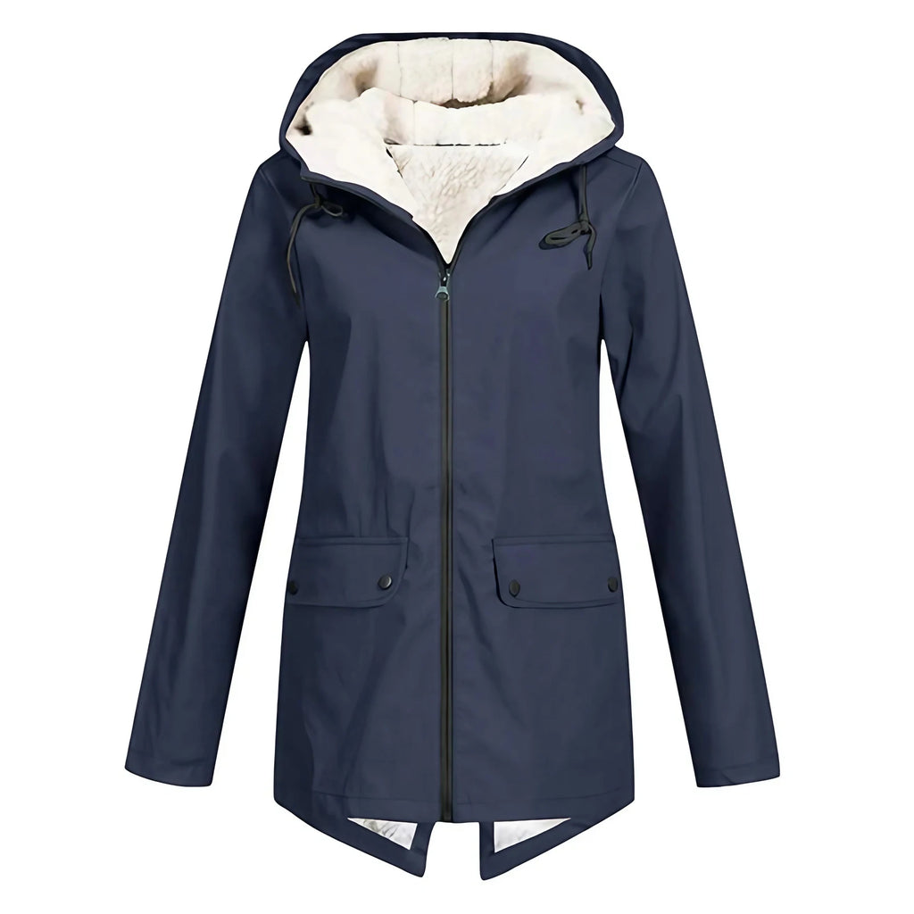 Parka longue femme d'hiver à capuche, zip et pressions, bleu marine