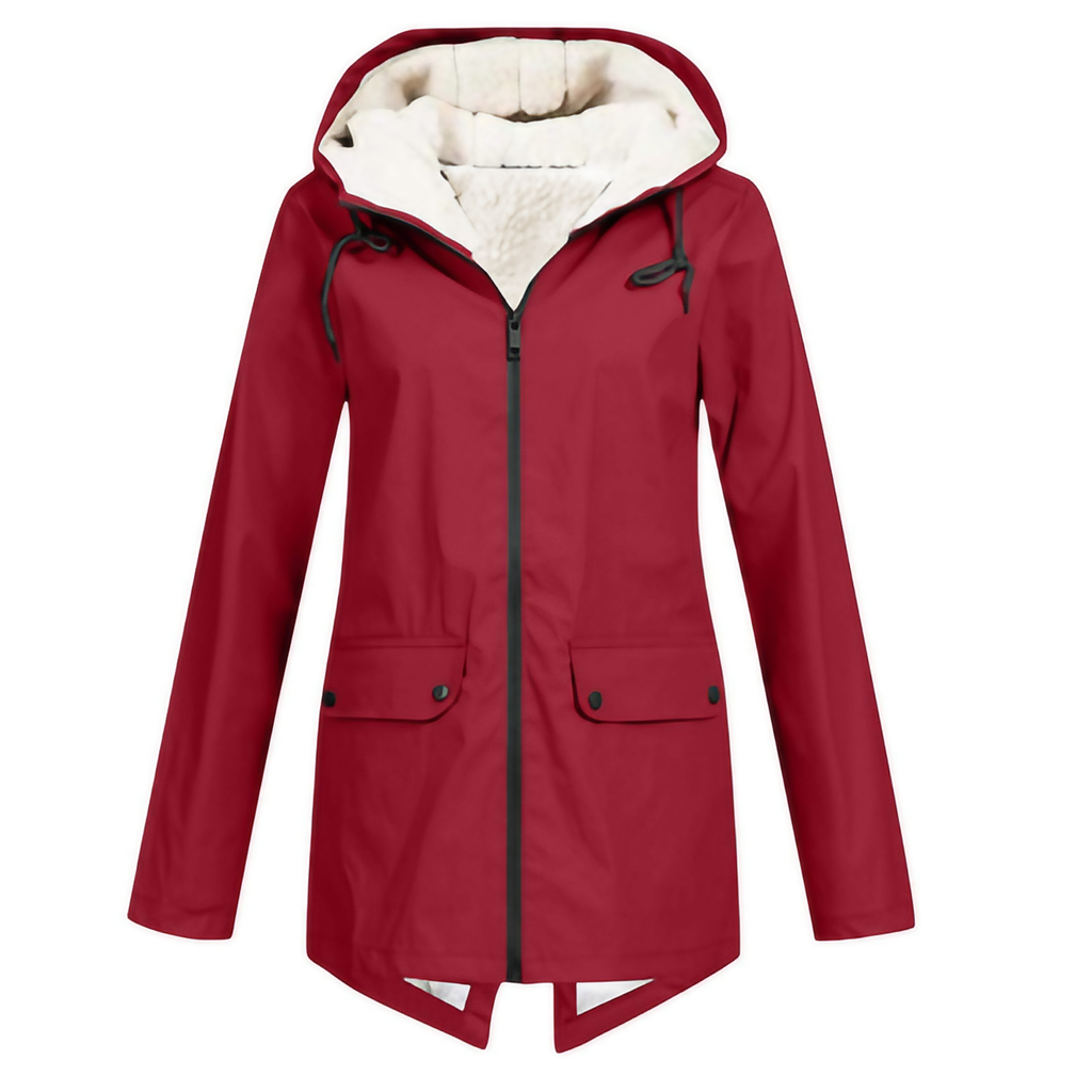 Parka longue femme d'hiver à capuche, zip et pressions, rouge