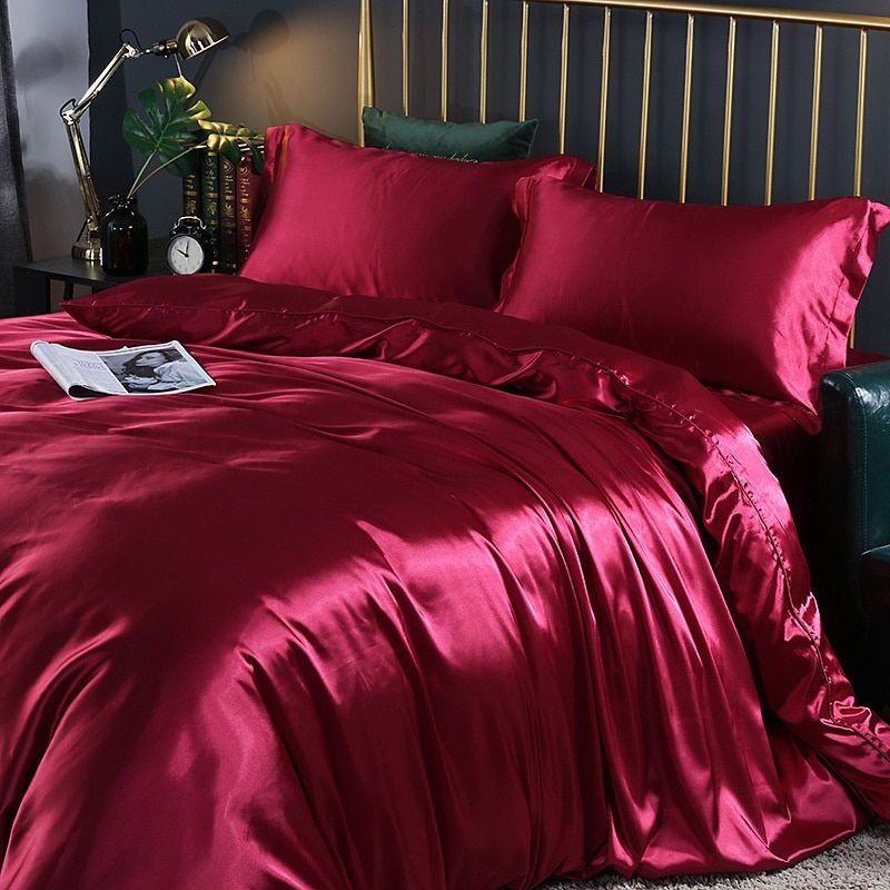 Parure de lit en satin 4 pièces, treize coloris, trois tailles, rouge