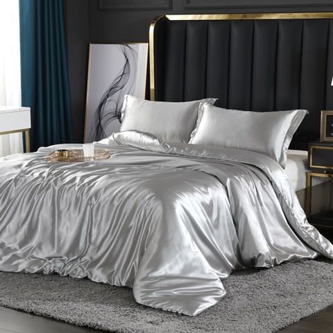 Parure de lit en satin 4 pièces, treize coloris, trois tailles, argenté