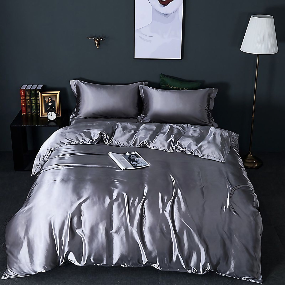Parure de lit en satin 4 pièces, treize coloris, trois tailles, argent foncé