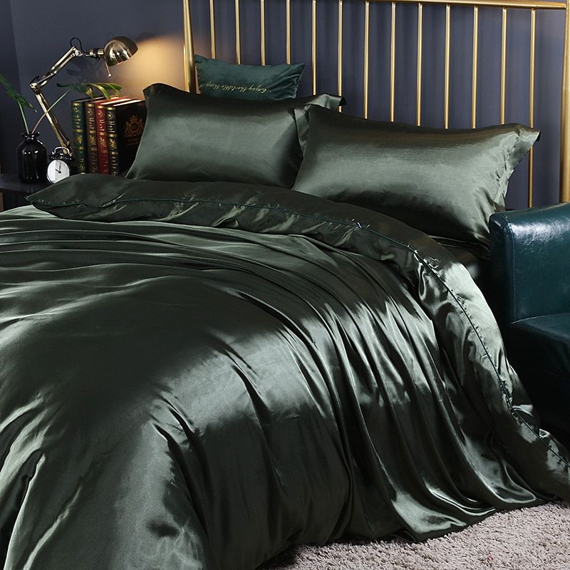 Parure de lit en satin 4 pièces, treize coloris, trois tailles, vert émeraude