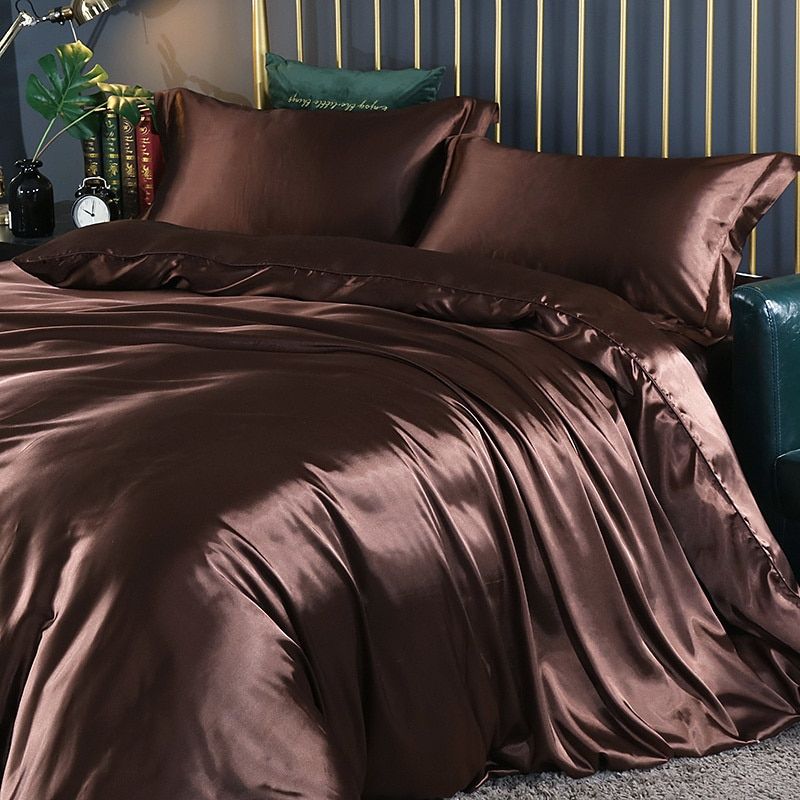 Parure de lit en satin 4 pièces, treize coloris, trois tailles, bordeaux
