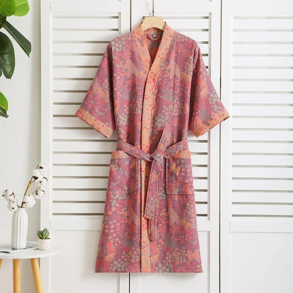 Peignoir kimono femme en coton double maille, ceinture à nouer, rose