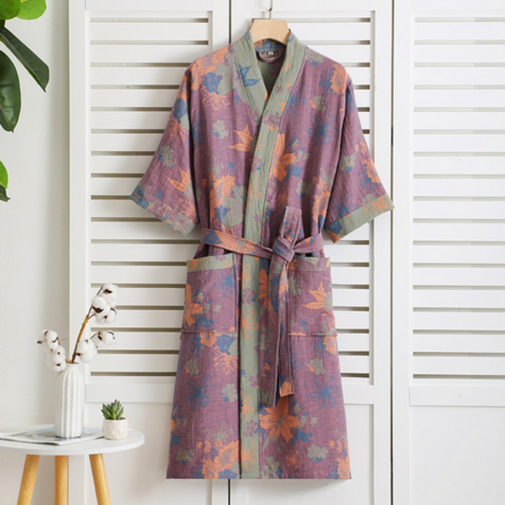 Peignoir kimono femme en coton double maille, ceinture à nouer, violet