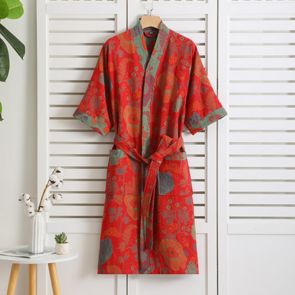 Peignoir kimono femme en coton double maille, ceinture à nouer, orange