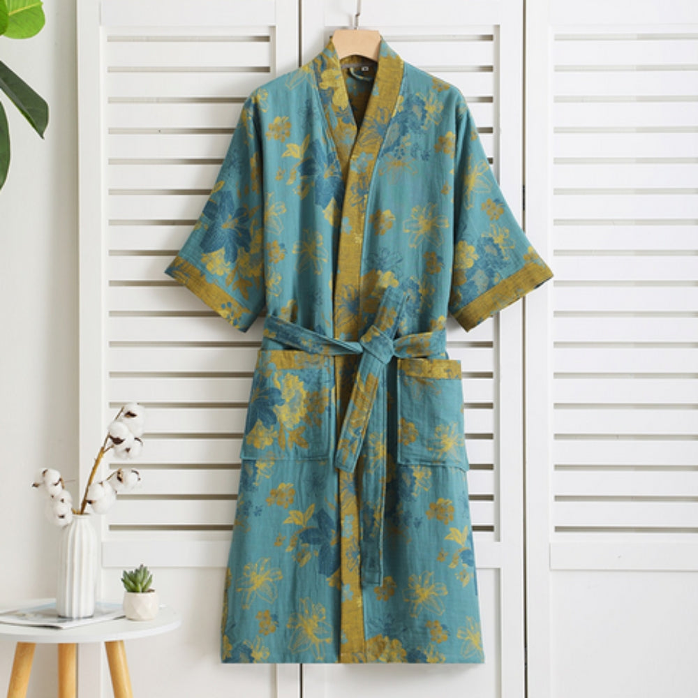 Peignoir kimono femme en coton double maille, ceinture à nouer, vert