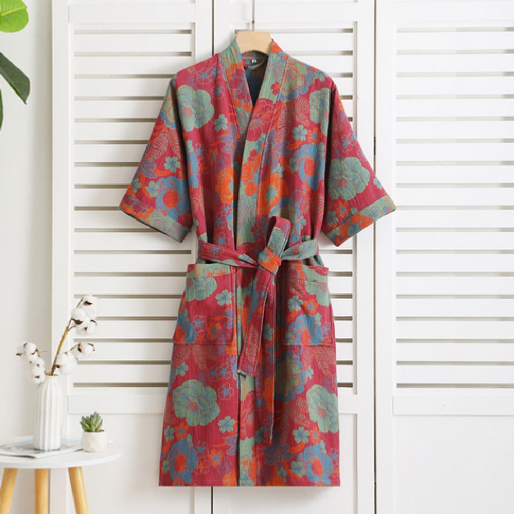 Peignoir kimono femme en coton double maille, ceinture à nouer, rouge