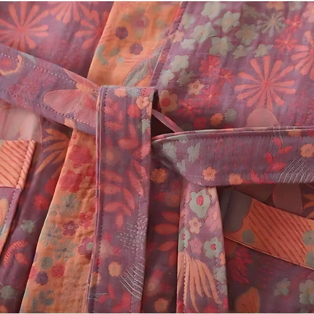 Peignoir kimono femme en coton double maille, ceinture à nouer