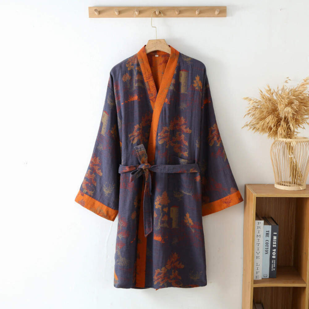 Peignoir kimono mixte en coton, manches larges, ceinture, gris, violet et orange